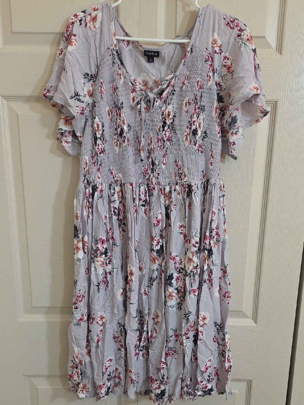 torrid lilac floral smocked midi dress with flutter sleeves